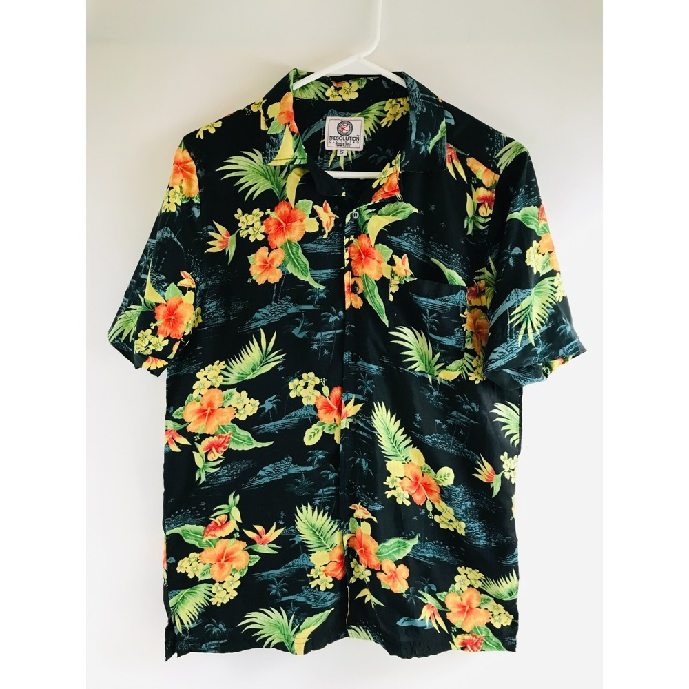 One Resolution Hawaiian Shirt Men's Size S Black Floral Button Up Short Sleeve